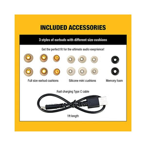 سماعات أذن لاسلكية مع حقيبة شحن DEWALT True Wireless Bluetooth Earbuds — TWS Bluetooth Headphones — Wireless Earbuds with Type C Charging Case — Waterproof Wireless Earphones — Jobsite Pro-X1 Premium Sound for Outdoor Work