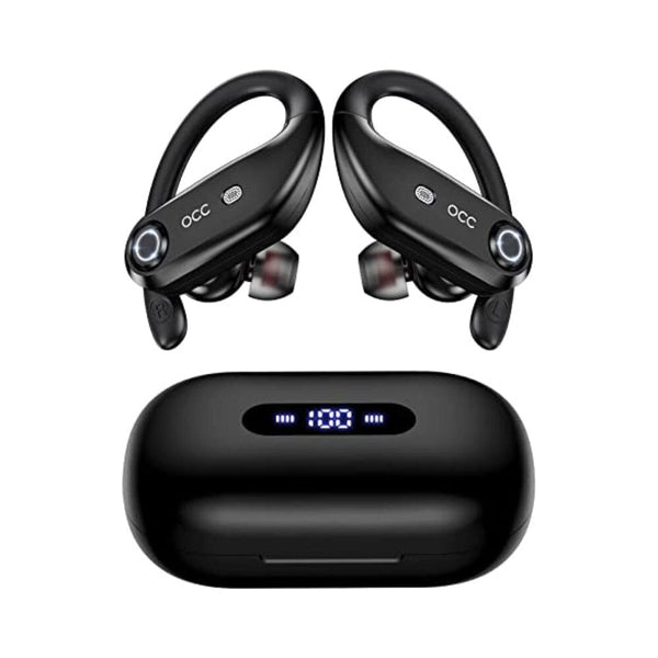 سماعات أذن لاسلكية تعمل بالبلوتوث occiam Wireless Earbuds Bluetooth Headphones 100H Playback 4 Mics Clear Call Waterproof 2200mAh Wireless Charging Case Over Ear Buds in-Ear Earphones with Earhooks for Sports Running Workout Black